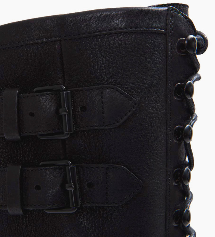 Lace up Biker high boot with buckle - Justy 7 - Smooth leather - Black